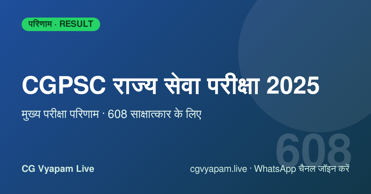 CGPSC State Service Exam 2025 Mains Result: 608 उम्मीदवार साक्षात्कार के लिए चयनित